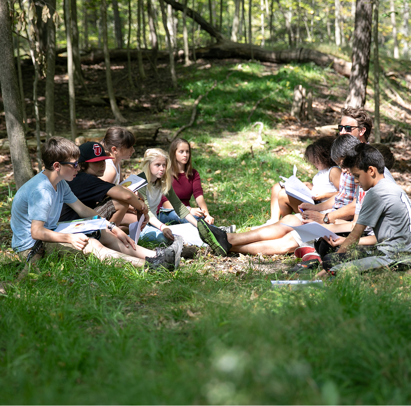 students sitting in grass forest